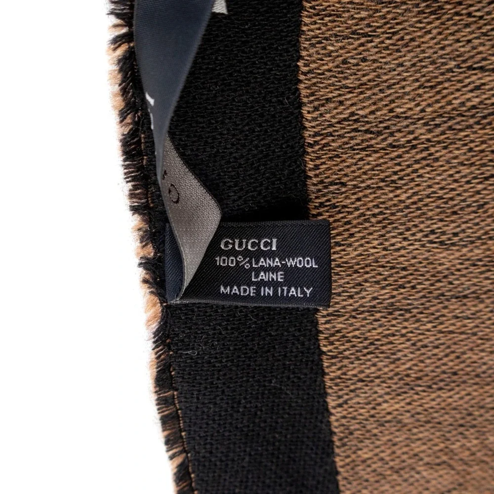 Gucci Firenze 1921 Wool Scarf Black Brown‎ Logo Fringe 172x36cm